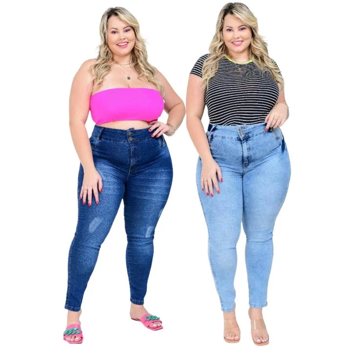 Kit 2 Calças Jeans Feminina Cintura Alta Plus Size Dois Botões Skinny