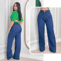 Calça Wide Leg Jeans Feminina Cintura Alta Pantalona