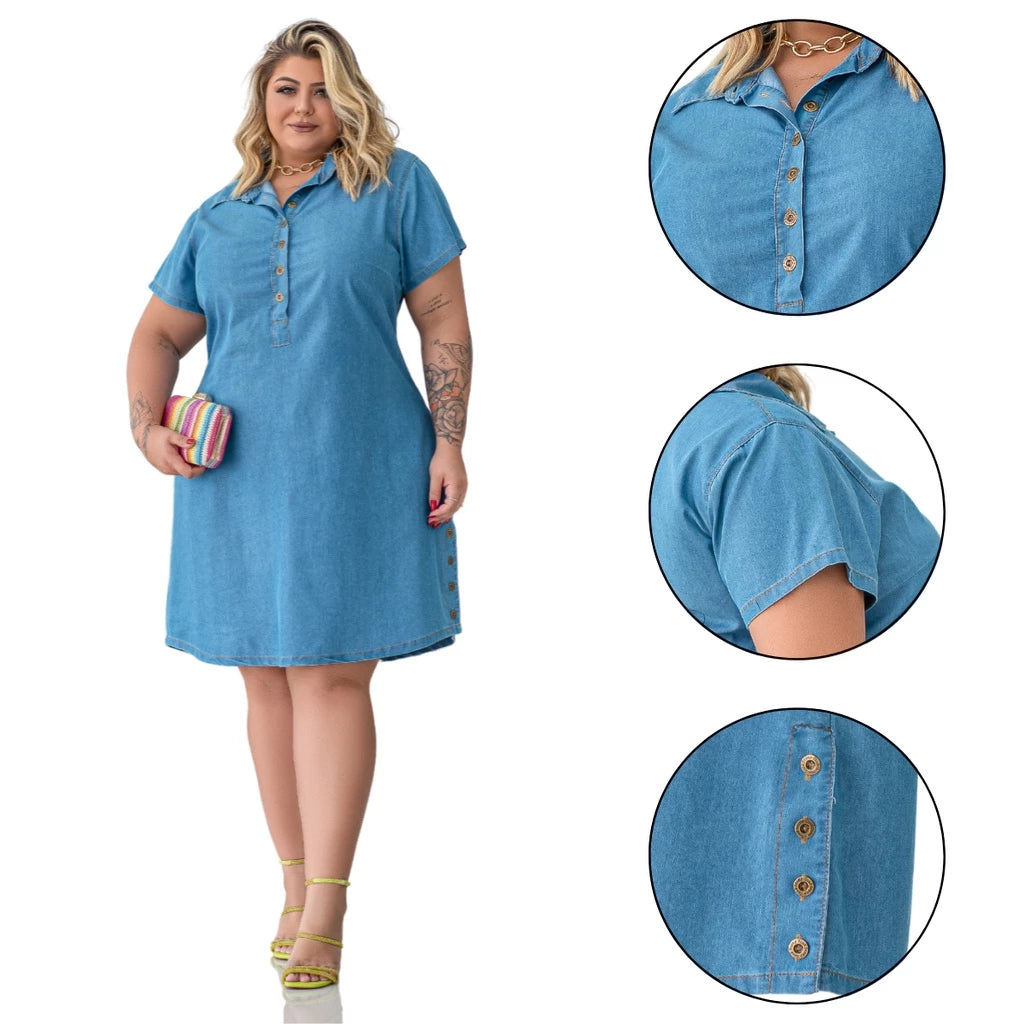 Vestido Chemise Plus Size Jeans - Camisetão Casual e Social Premium para Moda Feminina