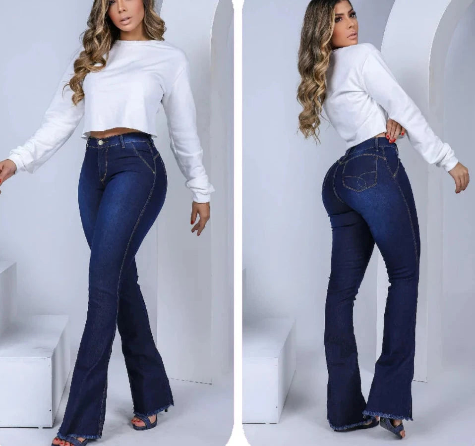 Calças Jeans Flare Feminina Cintura Alta Boca de Sino com Lycra Efeito Empina bumbum Premium