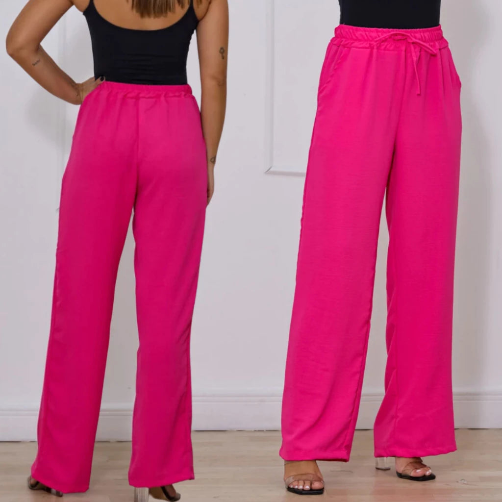 Calça Pantalona Feminina Com Bolso Cintura Alta