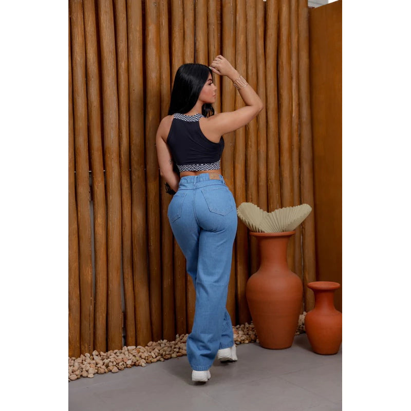 Calça Jeans Feminina Cintura Alta Wide Leg Lavagem Média