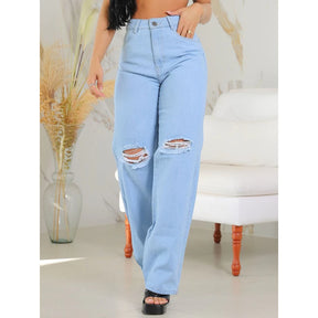 Calça Jeans Feminina Cintura Alta Wide Leg Lavagem Média