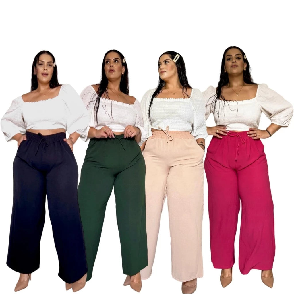 Calça Pantalona Plus Size Feminina Elástico Na Cintura Tecido Duna