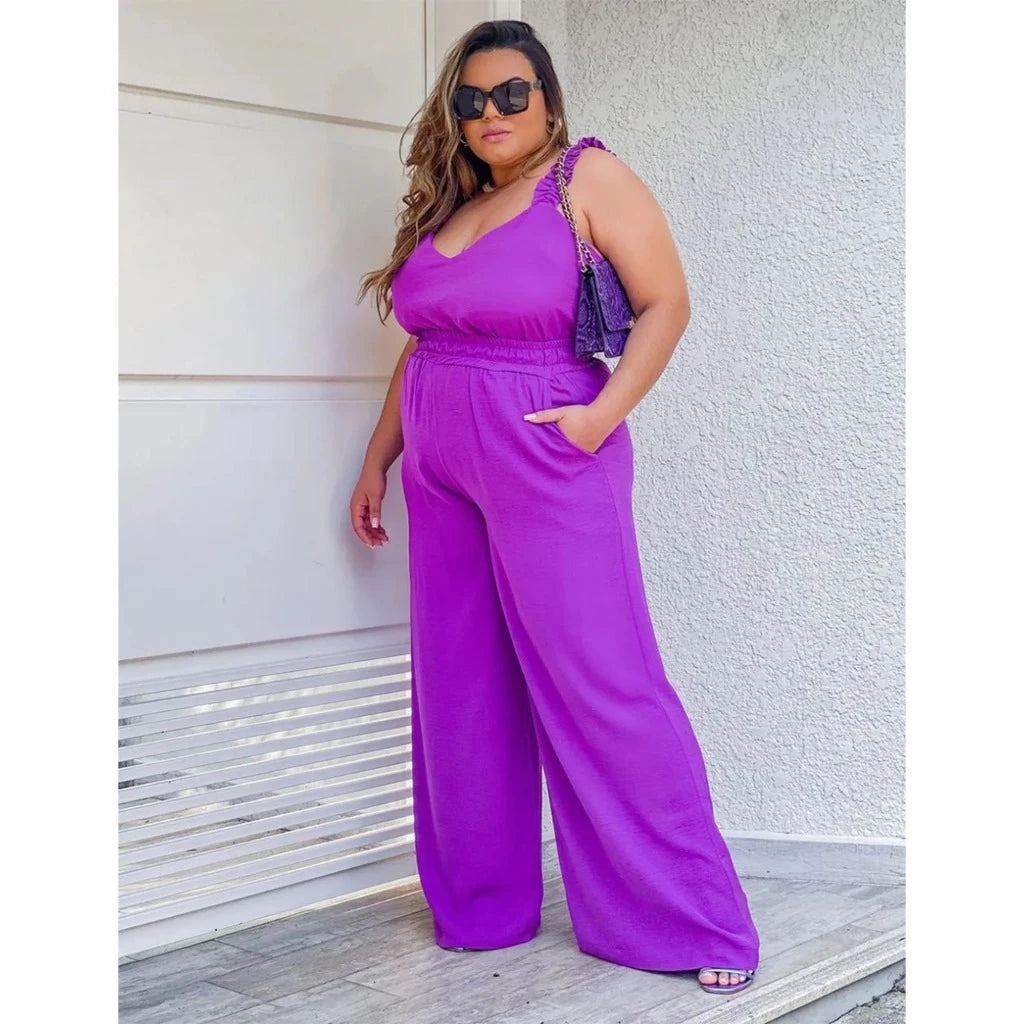 Calça Pantalona Plus Size Feminina Elástico Na Cintura Tecido Duna