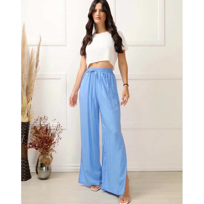 Calça Pantalona Feminina Fendas Laterais Cintura Alto Forrado