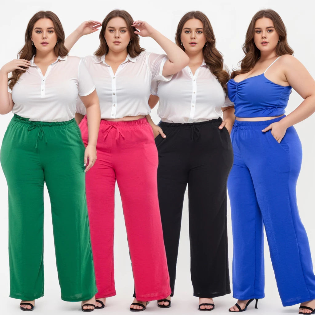 Calça Pantalona Feminina Plus Size Com Elástico Na Cintura Tecido Duna